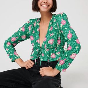NWOT Aritzia Sunday Best Tie Front Blouse Peacock Green / Hot Pink